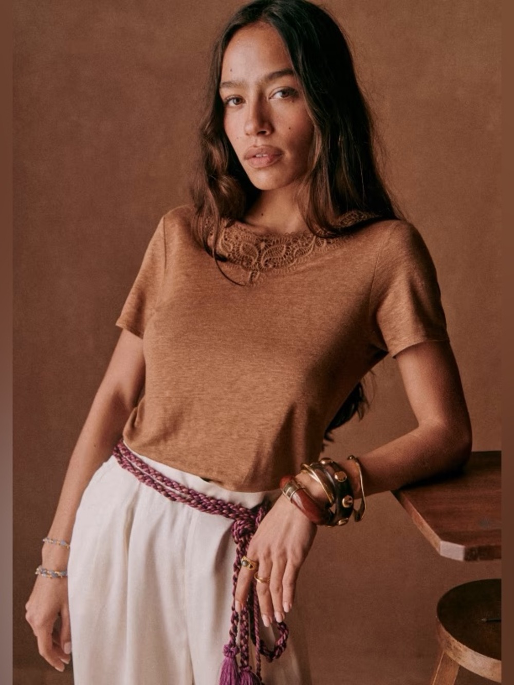 NWOT Sézane Mina Linen T-Shirt in Color Coffee / Brown Size XXXL / US 14